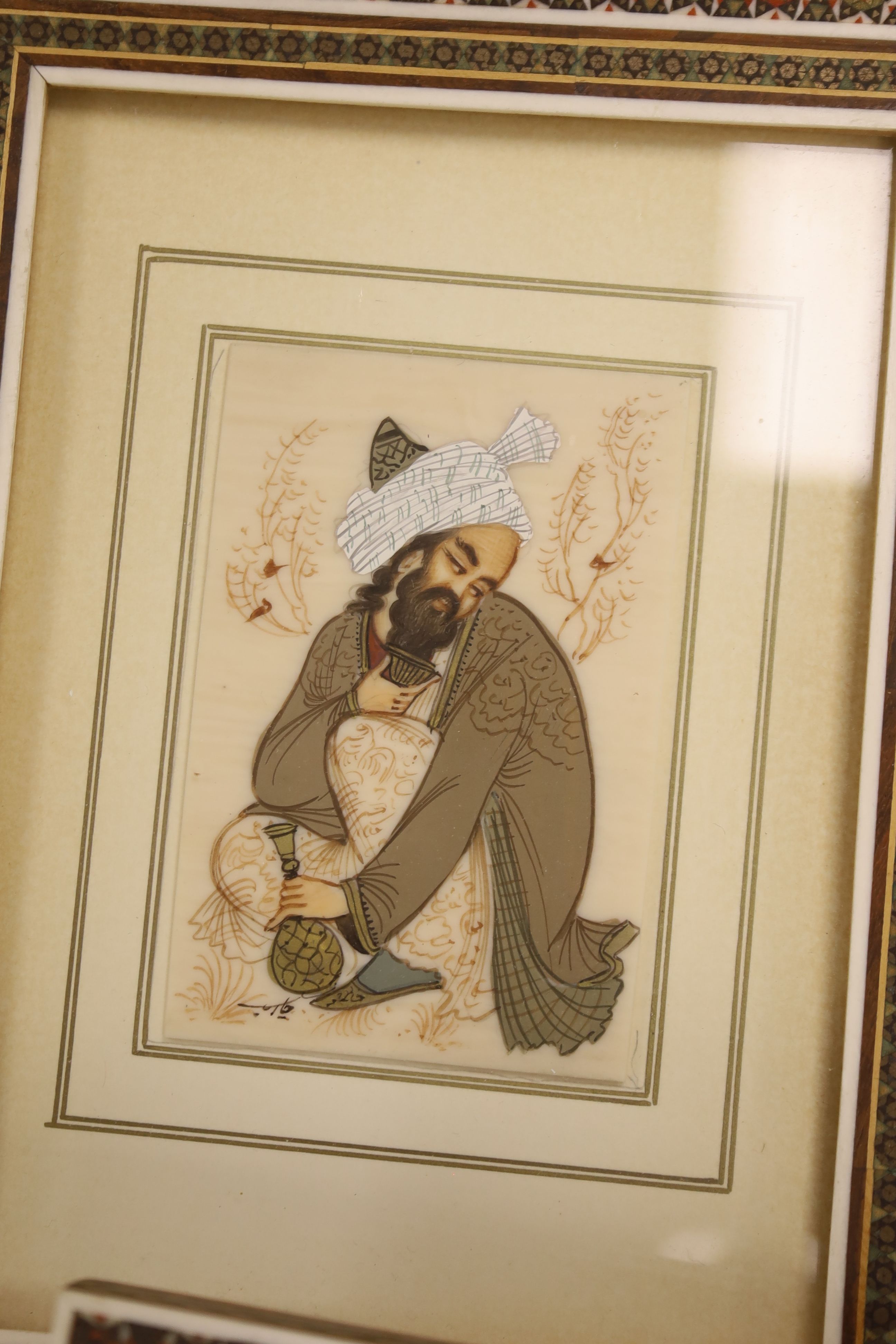 Eleven Persian hand-painted miniatures in decorative Khatam frames